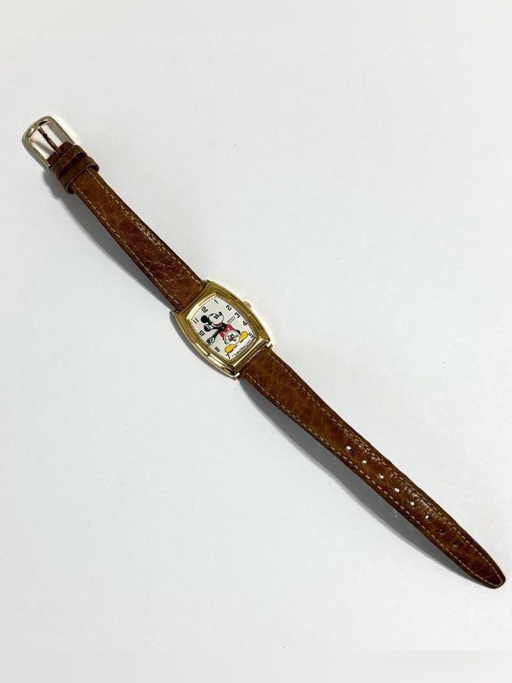 Vintage Seiko Disney Mickey Mouse Brown Leather Skinny Watch Needs Battery